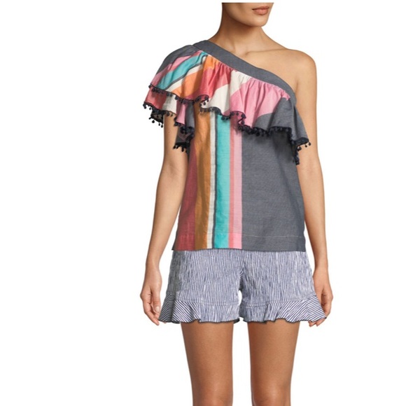 Trina Turk Los Angeles One-Shoulder Striped Cotton/ linen Blend Top size Medium - Picture 3 of 14